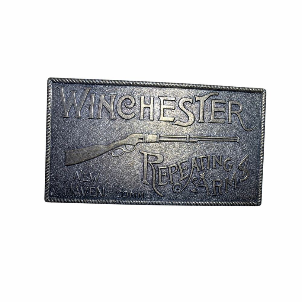 Vintage Winchester rifle metal belt buckle hunting repeating arms brass pewter
